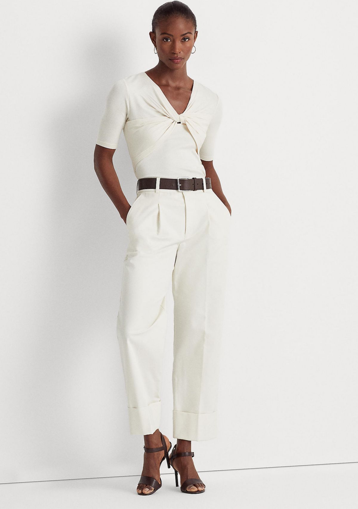 Twist Front Rib Knit Cotton-Blend T-Shirt