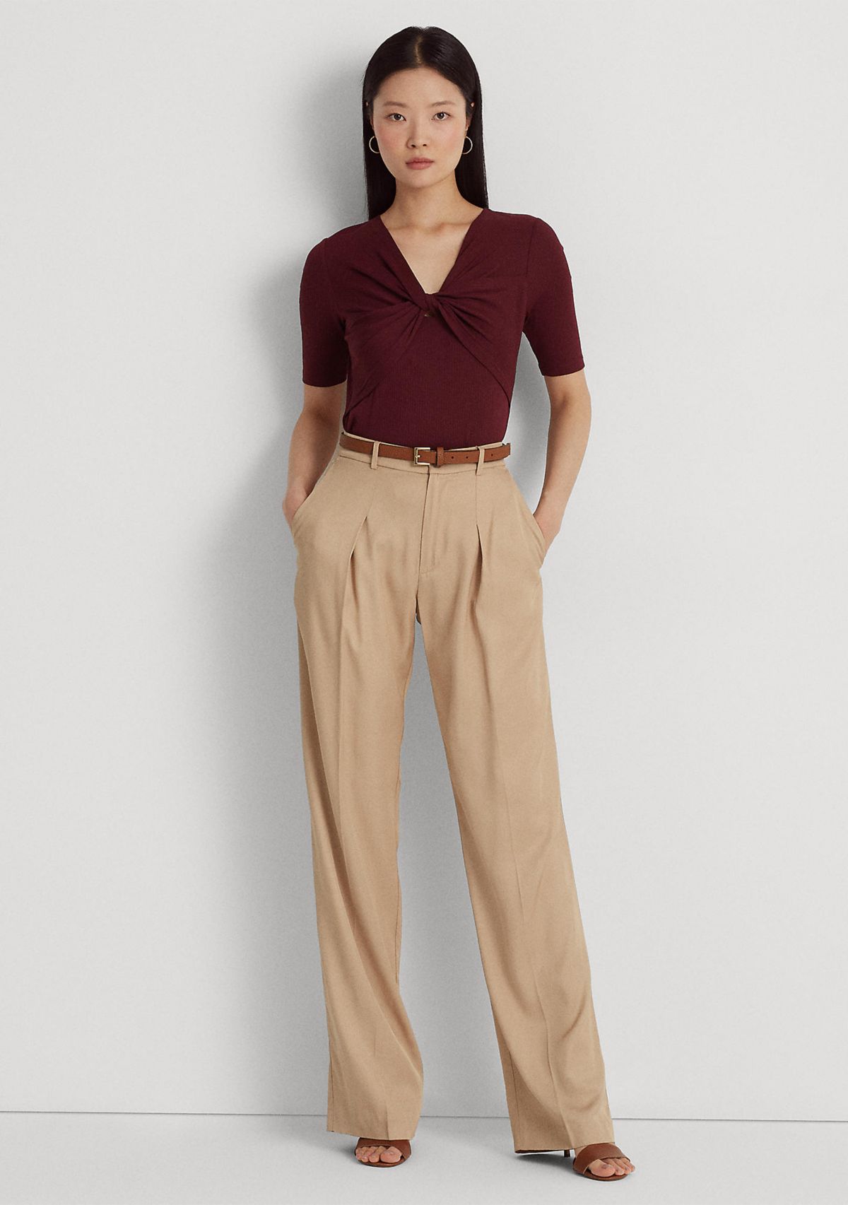 Twist Front Rib Knit Cotton-Blend T-Shirt