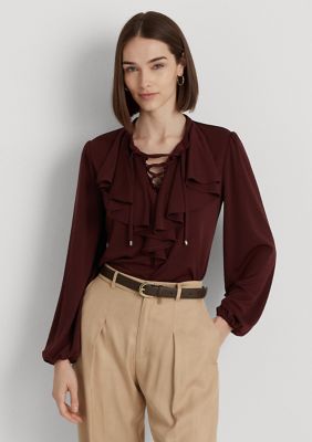 Lauren by Ralph Lauren Long Sleeve Boat Neck Jersey Top in Brown