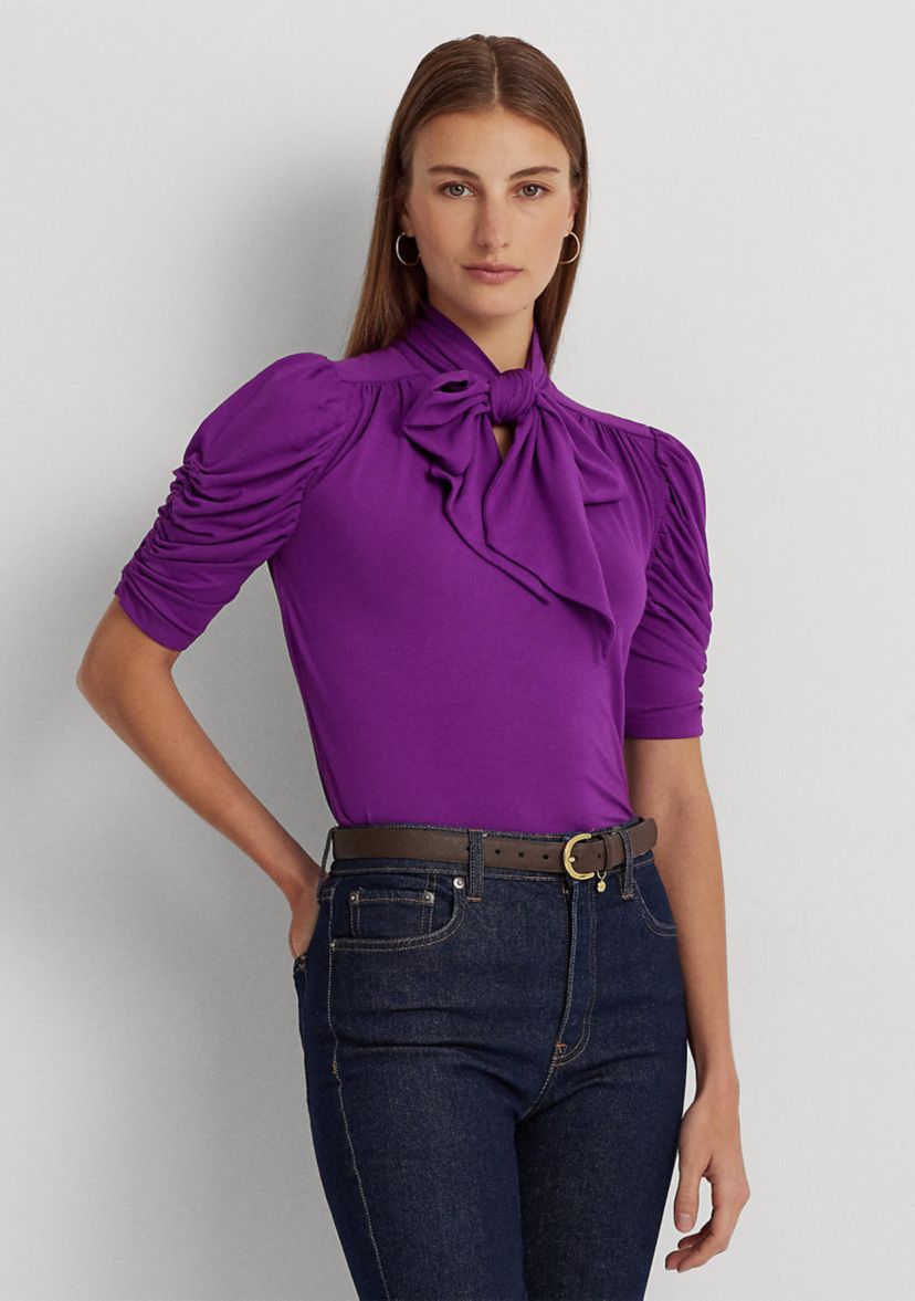 Jersey Puff-Sleeve Tie-Neck Top