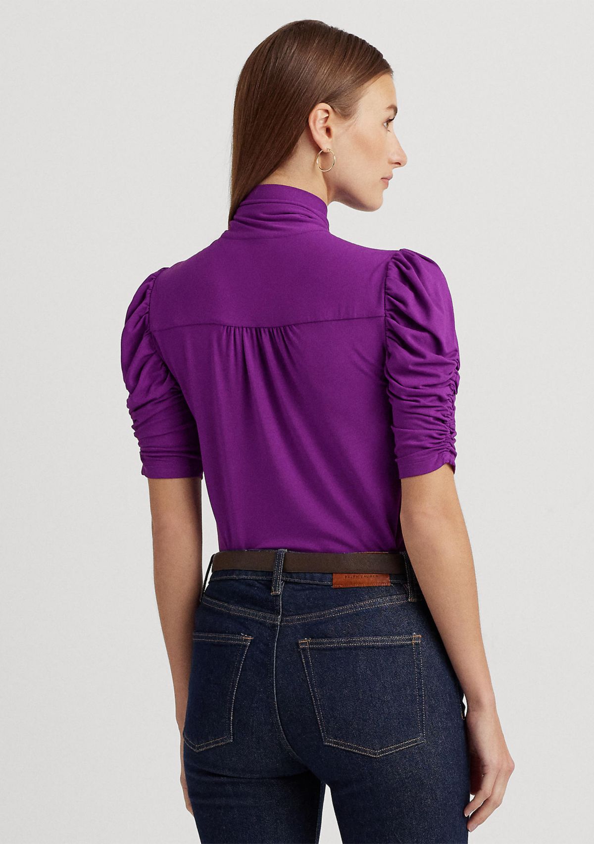 Jersey Puff-Sleeve Tie-Neck Top