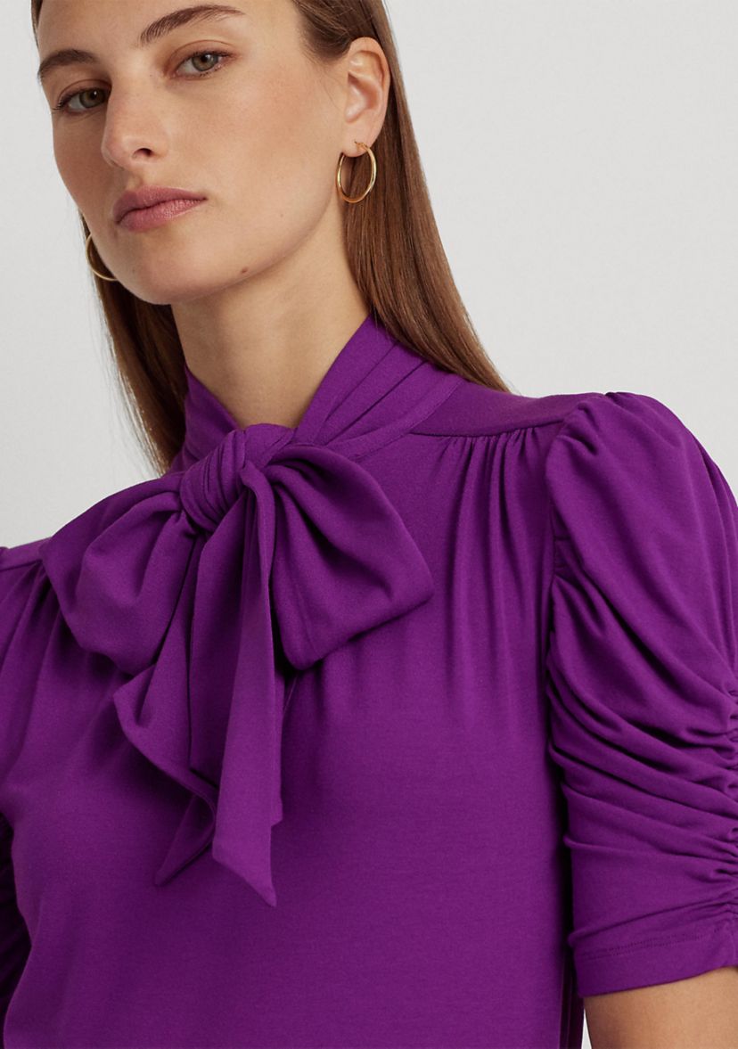 Jersey Puff-Sleeve Tie-Neck Top