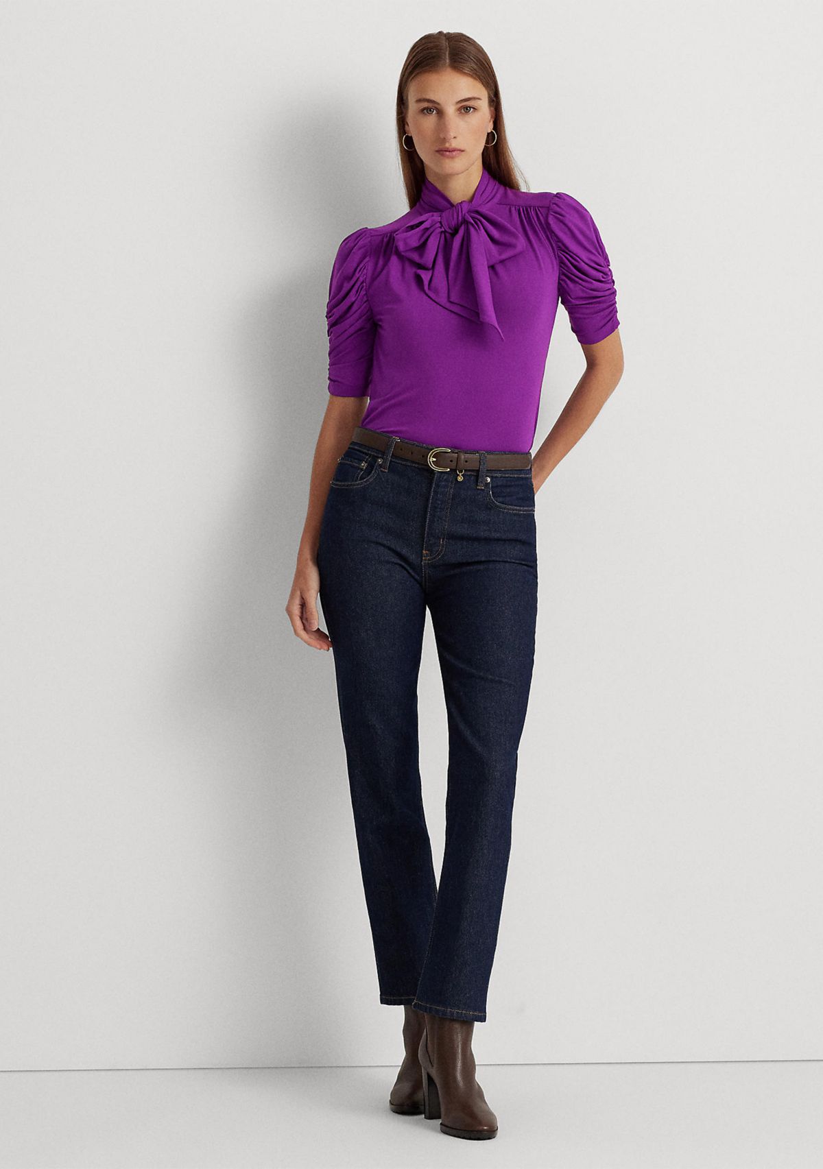 Jersey Puff-Sleeve Tie-Neck Top