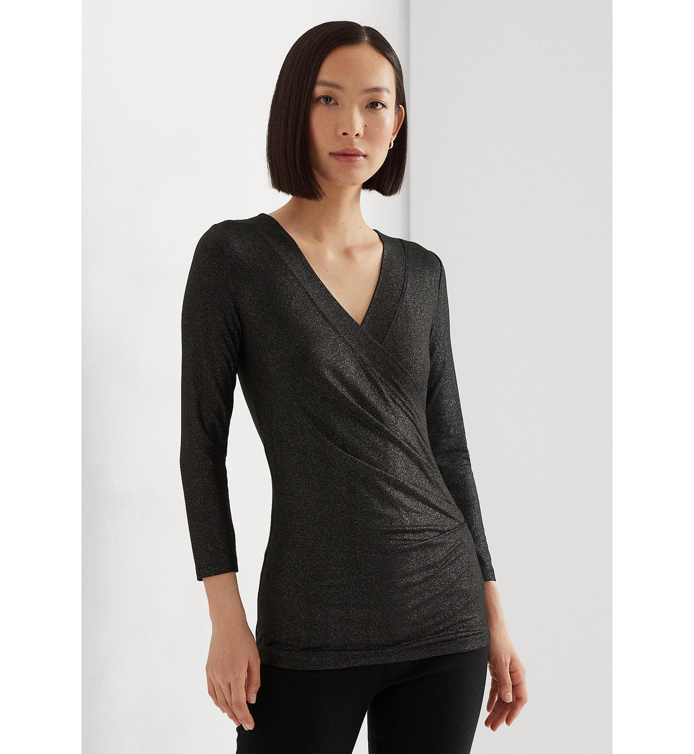 Petite Metallic Jersey Surplice Top