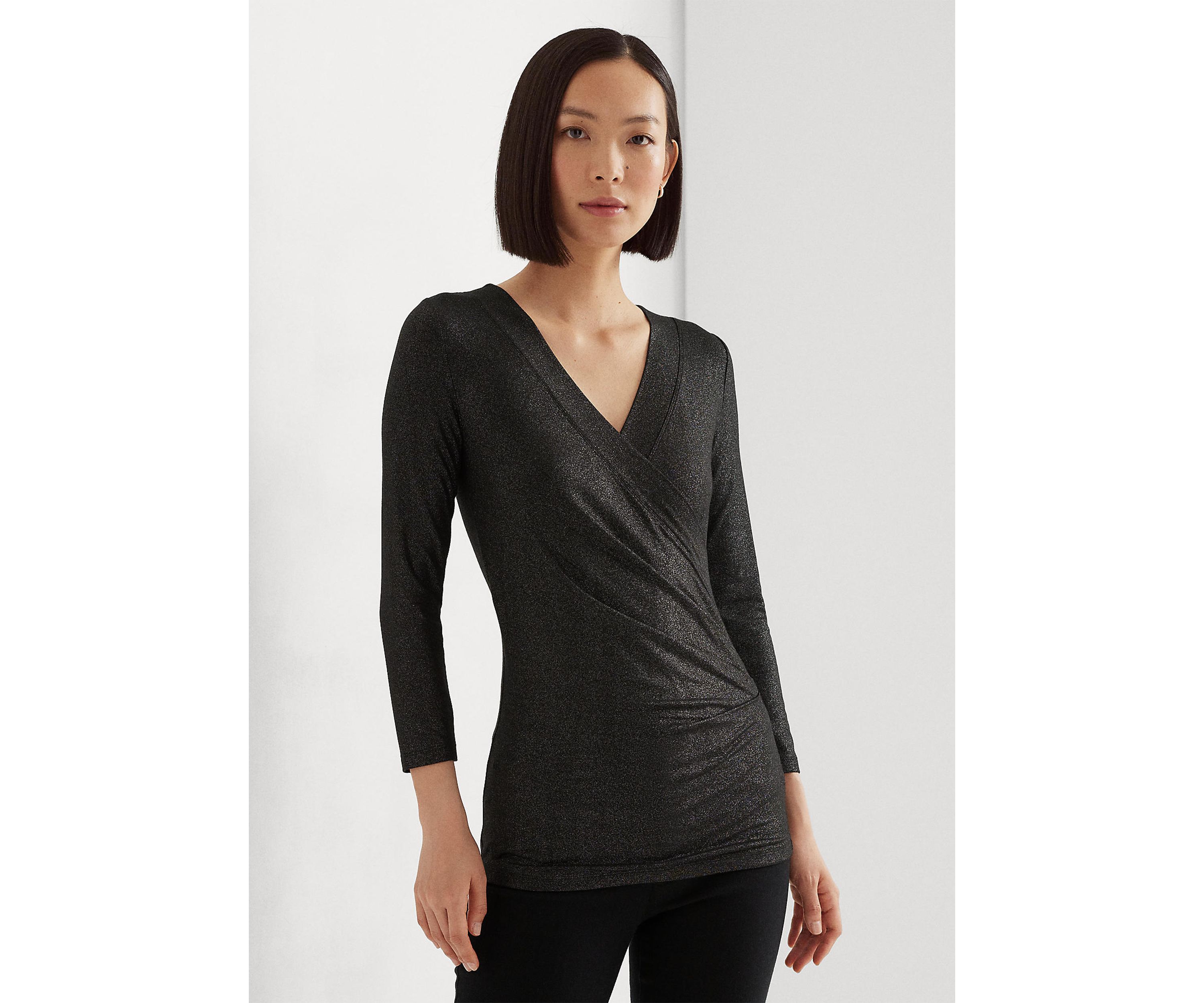 Petite Metallic Jersey Surplice Top