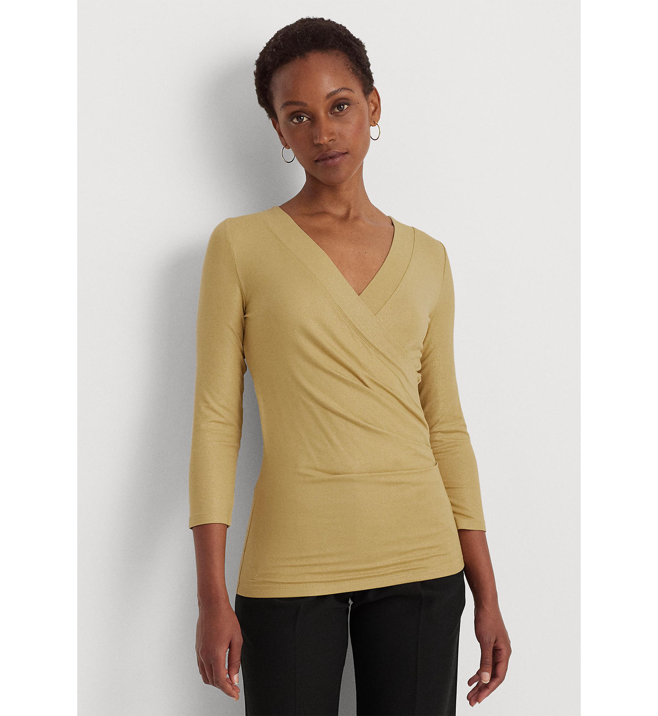 Womens   Metallic Jersey Surplice Top 