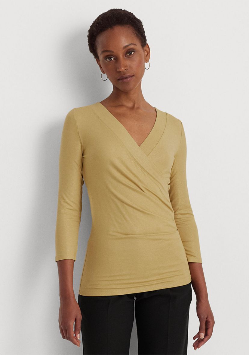 Womens Metallic Jersey Surplice Top