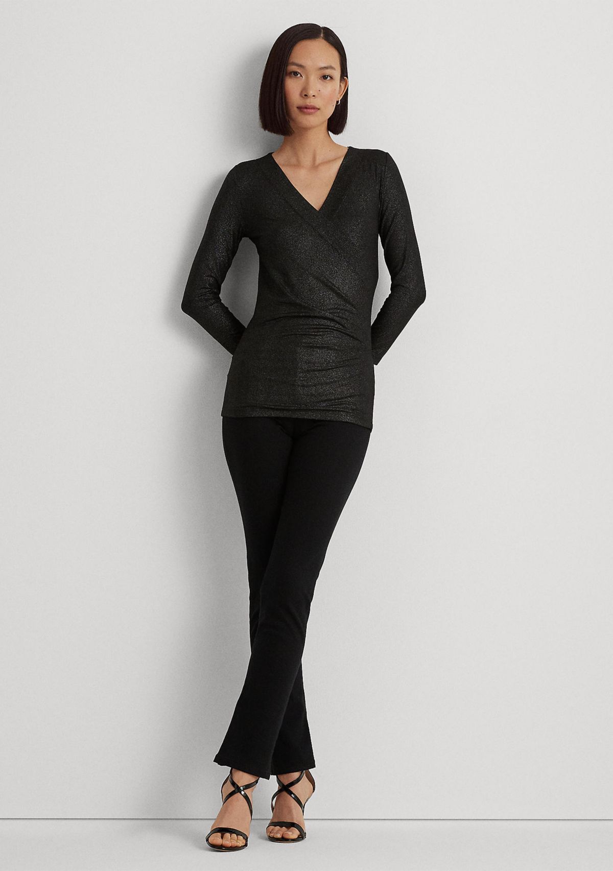 Womens Metallic Jersey Surplice Top