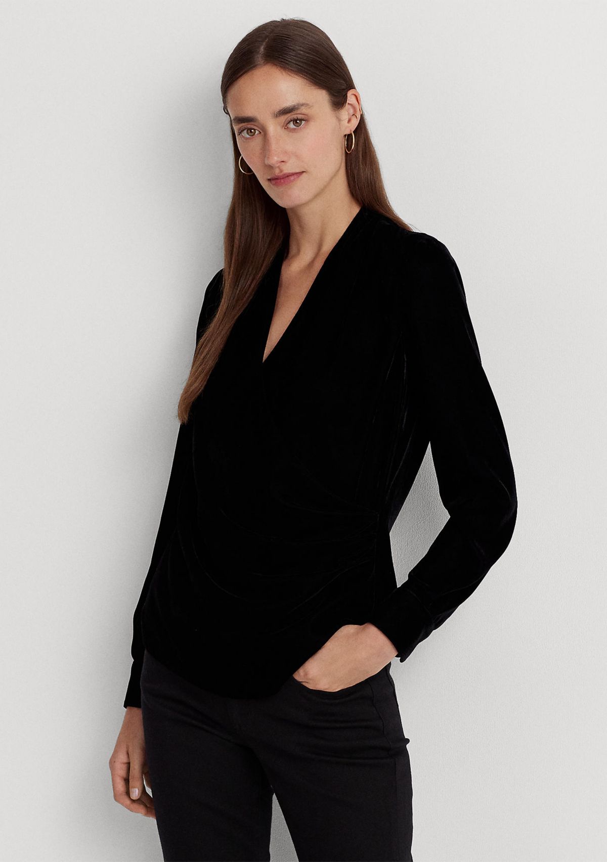 Pleated Velvet Surplice Blouse