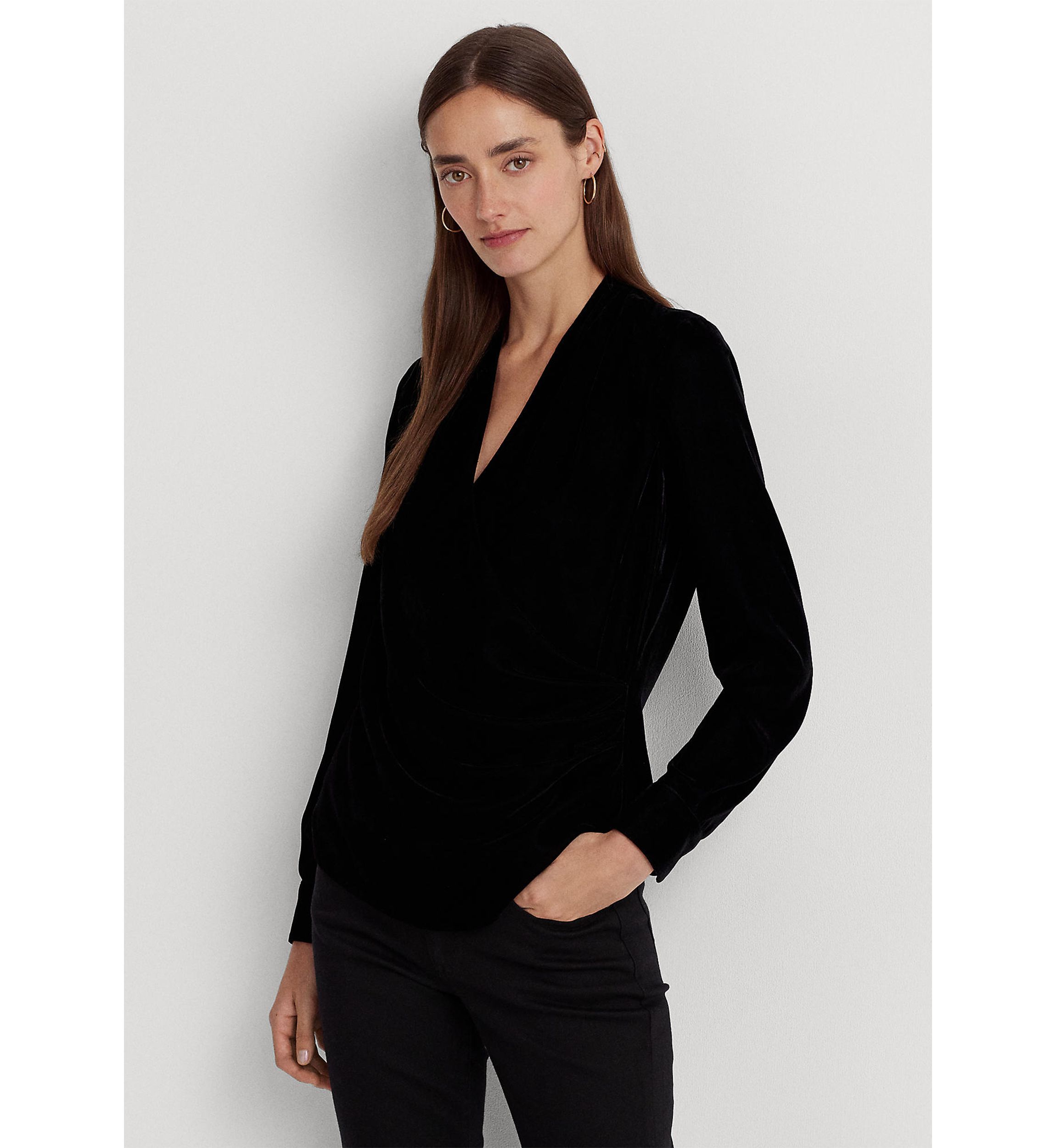 Pleated Velvet Surplice Blouse