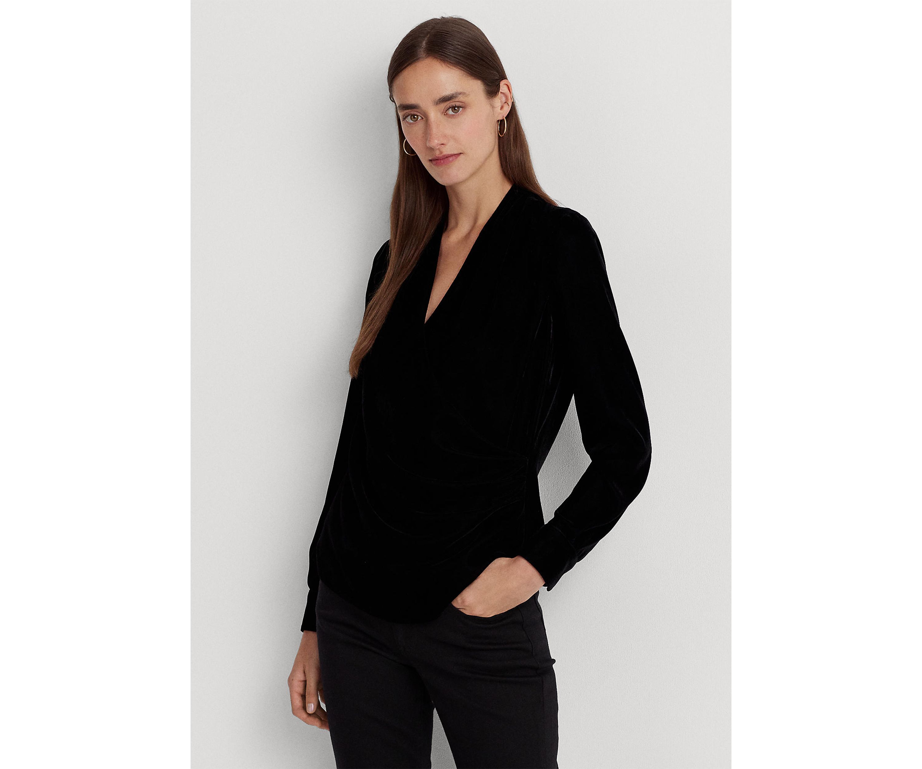 Pleated Velvet Surplice Blouse