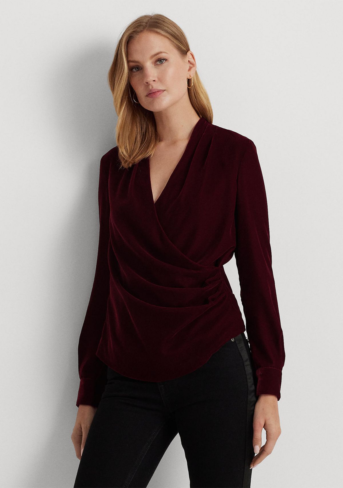 Pleated Velvet Surplice Blouse