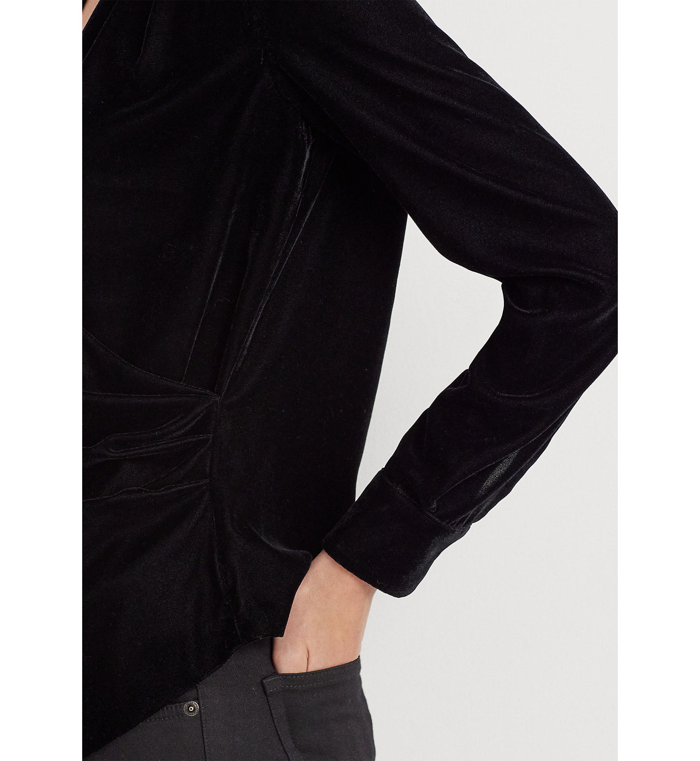 Pleated Velvet Surplice Blouse