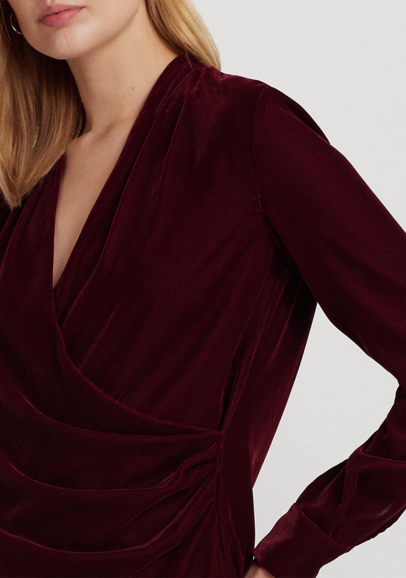 Pleated Velvet Surplice Blouse
