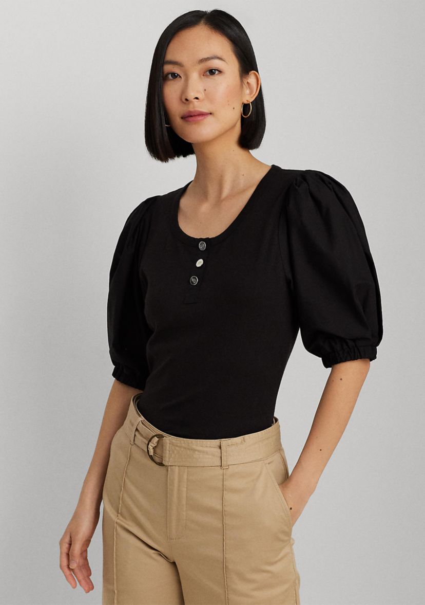 Stretch Cotton Puff Sleeve Henley T-Shirt