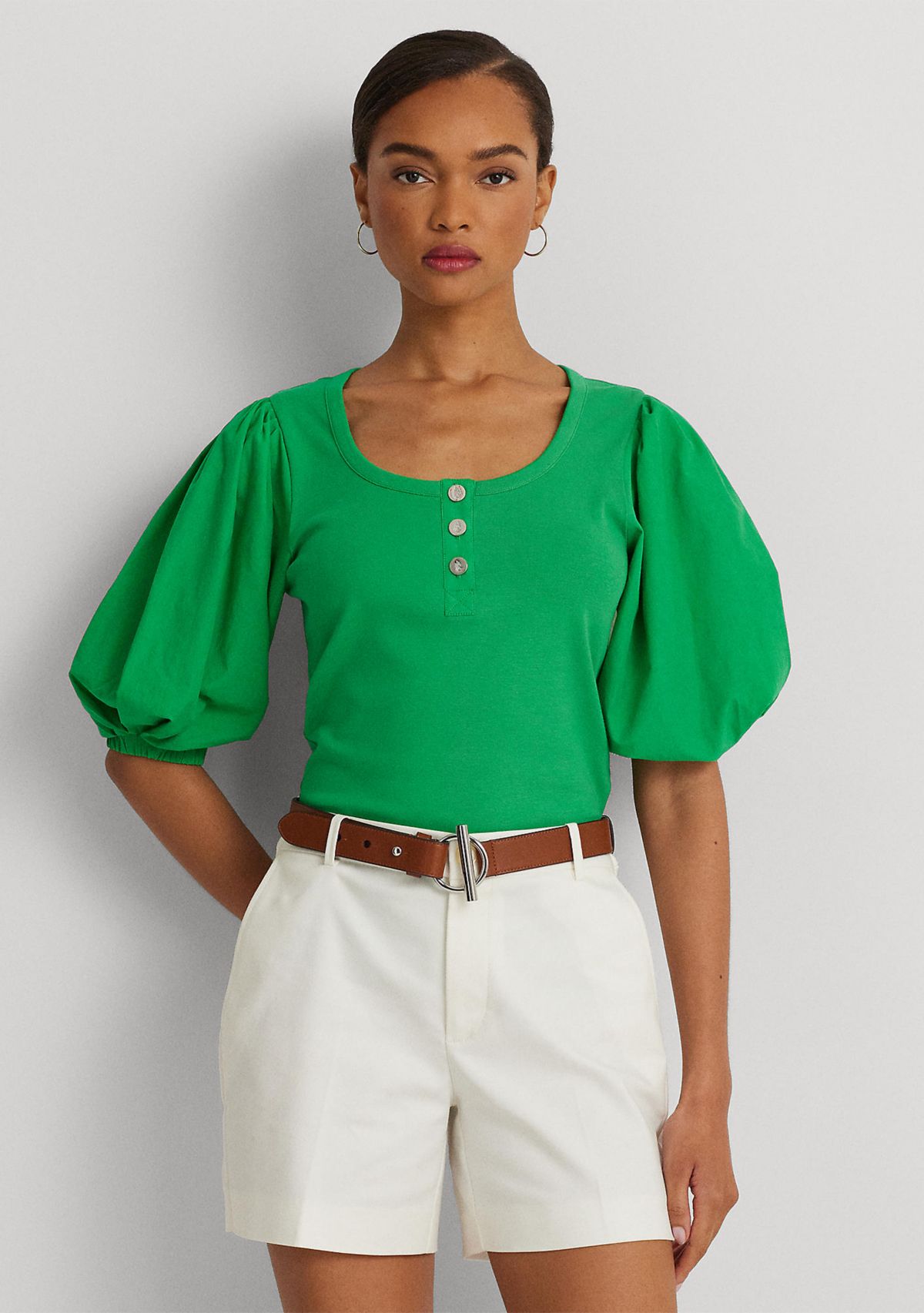 Stretch Cotton Puff Sleeve Henley T-Shirt