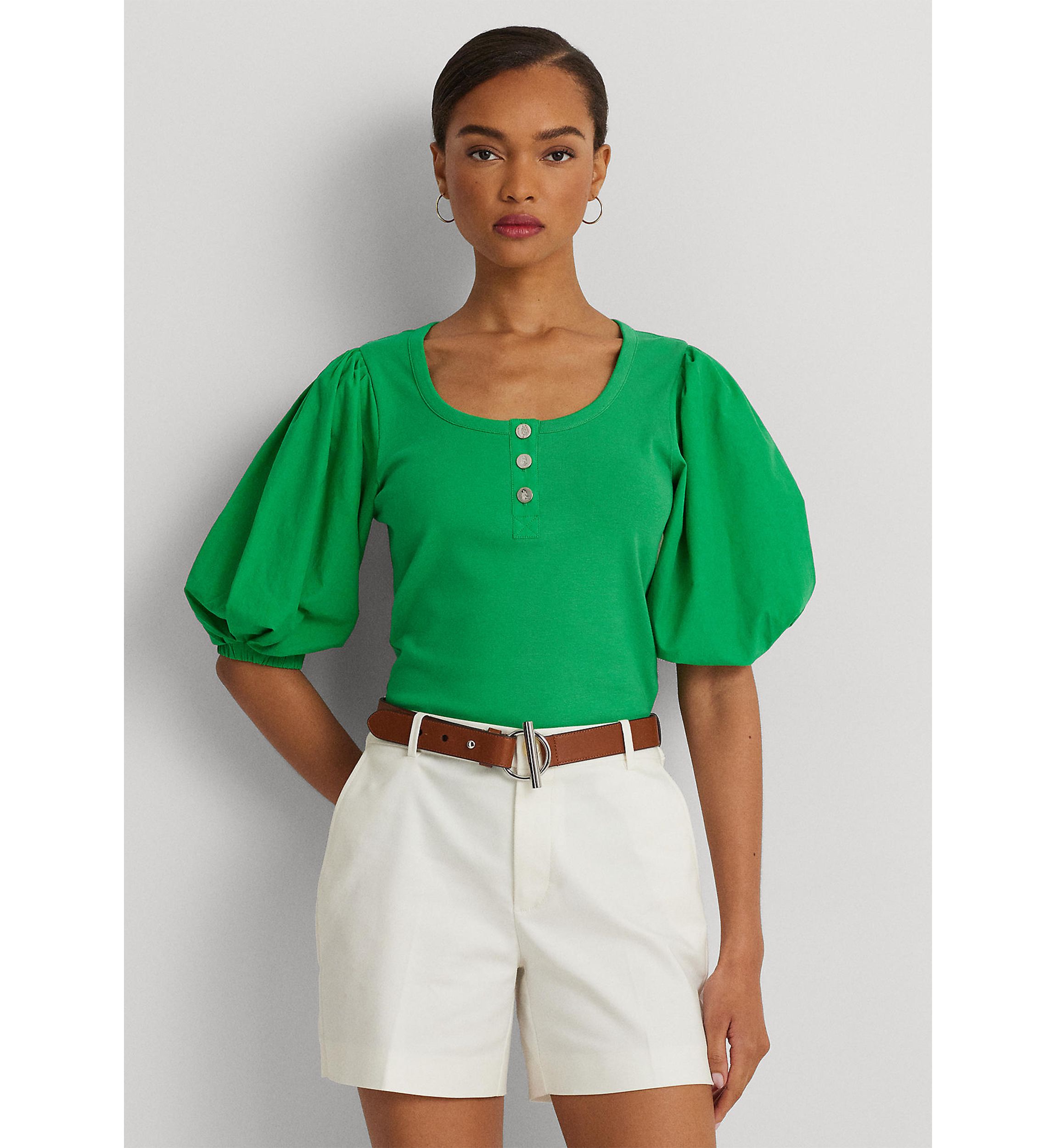 Stretch Cotton Puff Sleeve Henley T-Shirt