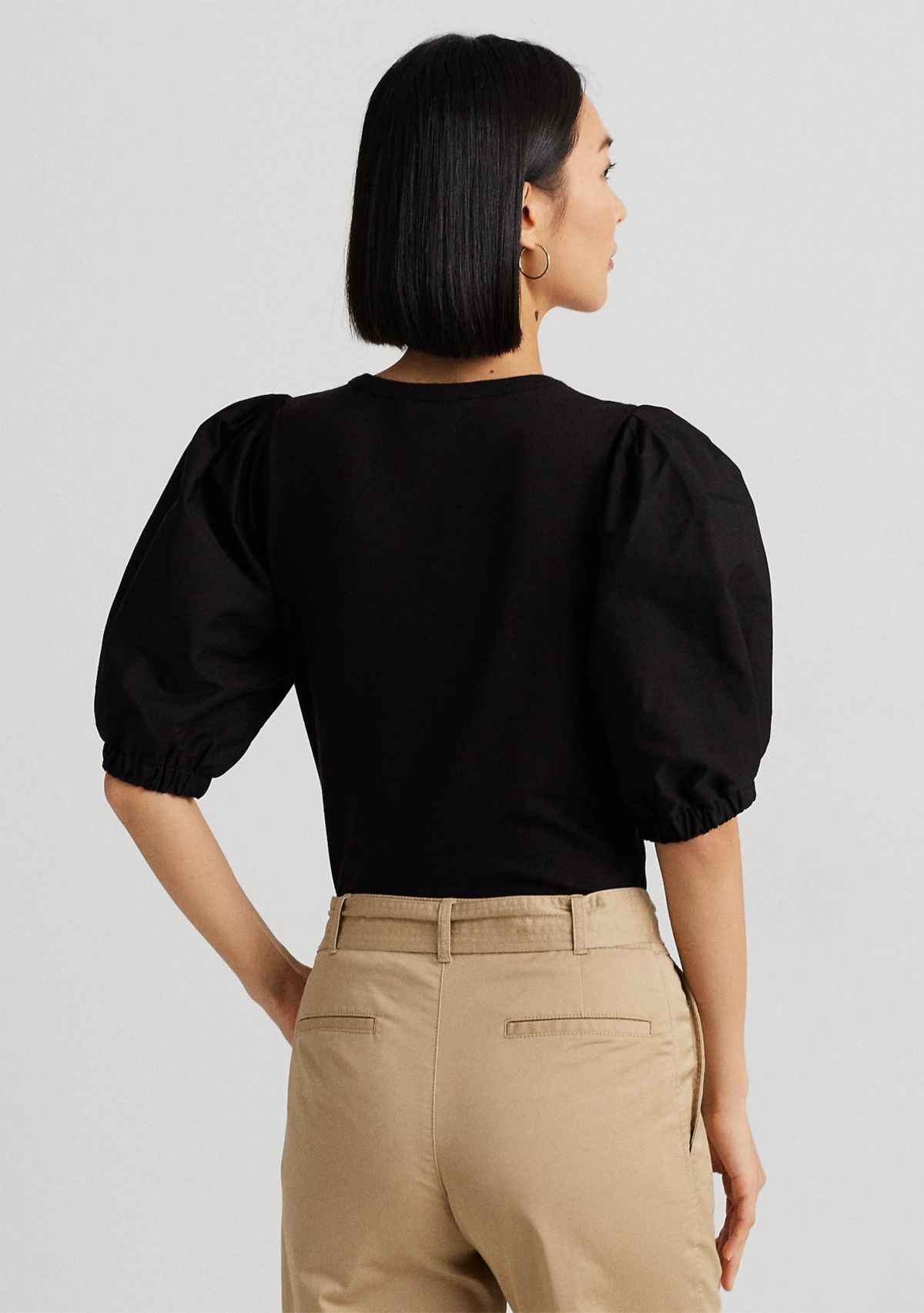 Stretch Cotton Puff Sleeve Henley T-Shirt