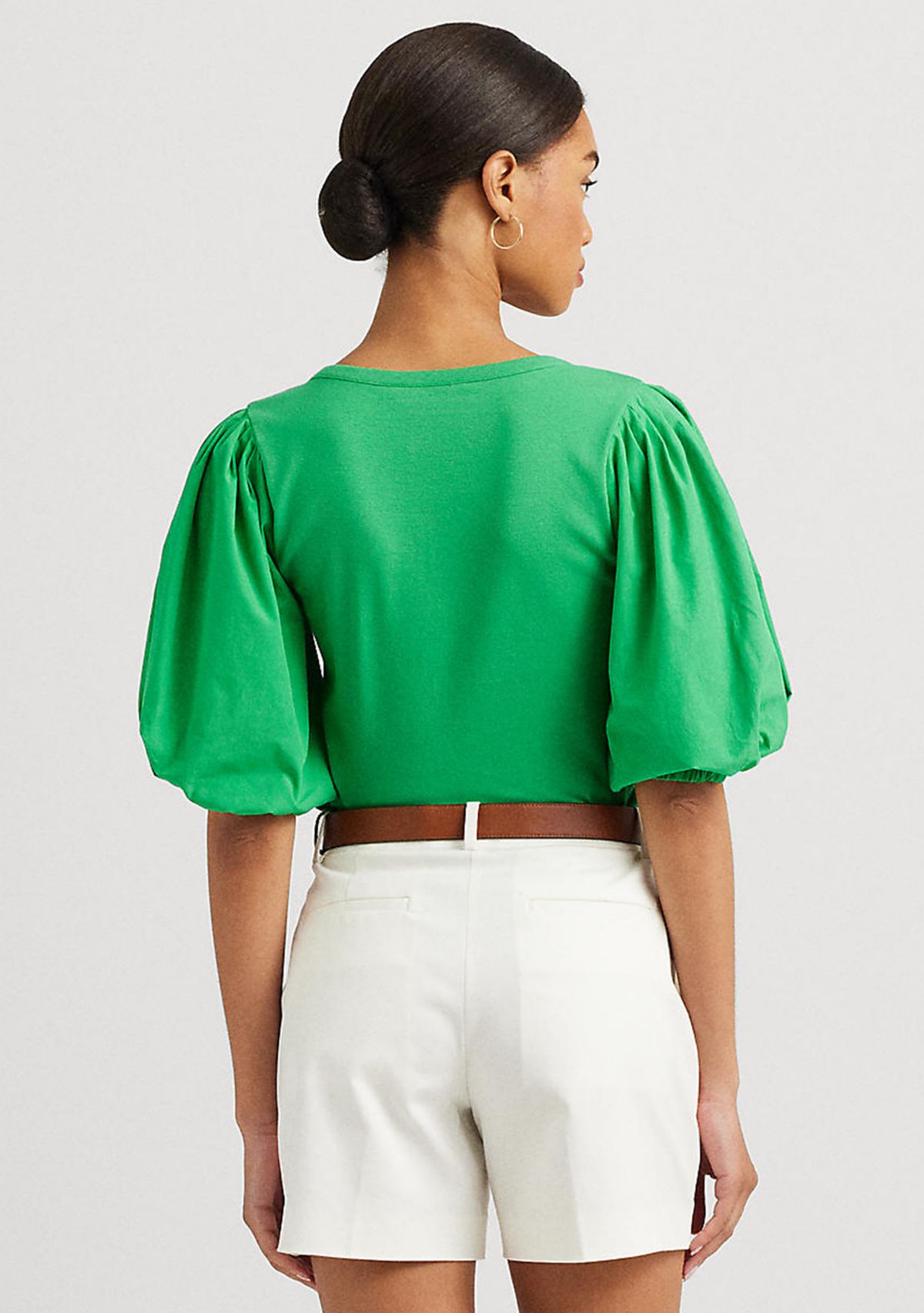 Stretch Cotton Puff Sleeve Henley T-Shirt