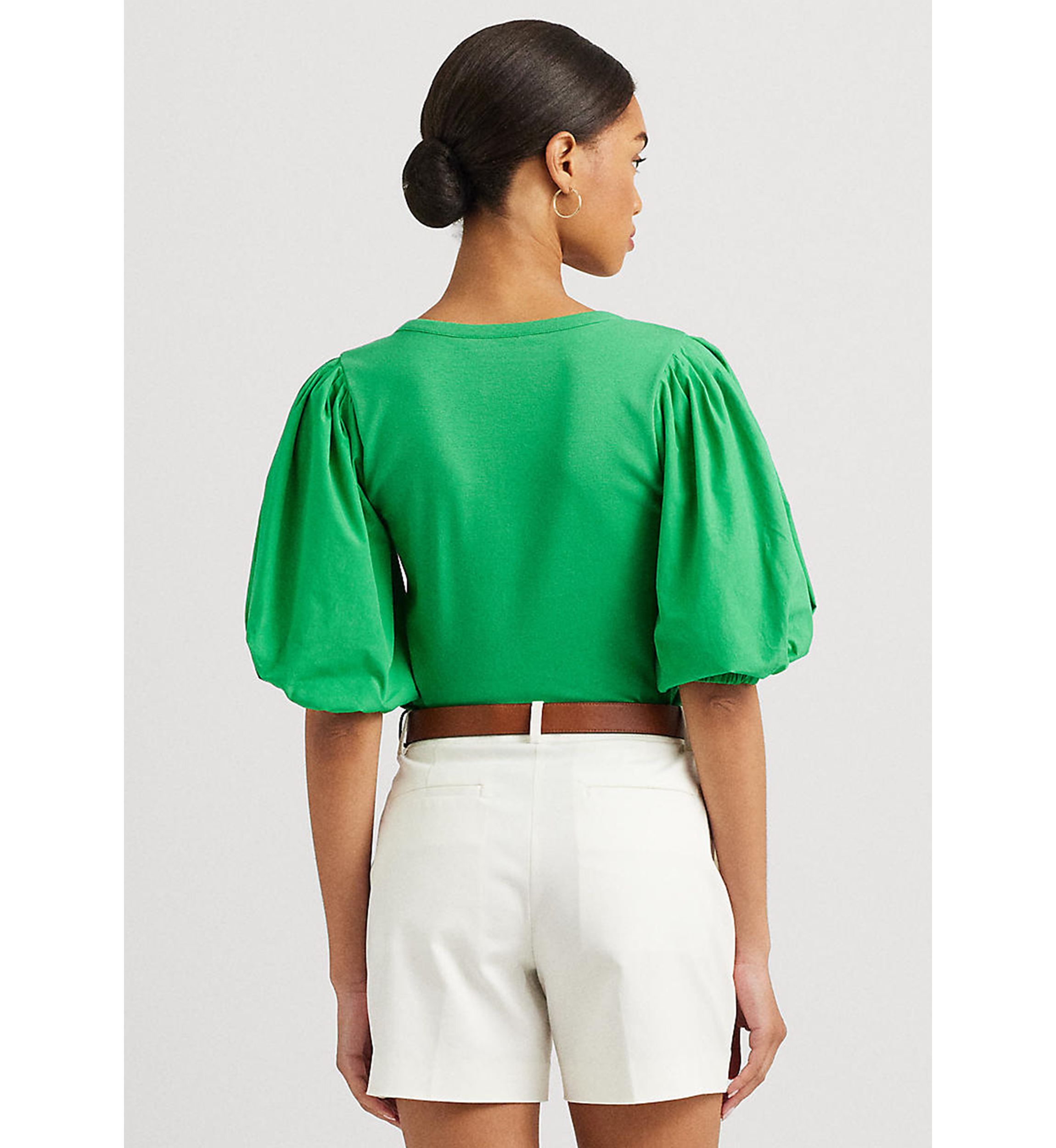 Stretch Cotton Puff Sleeve Henley T-Shirt