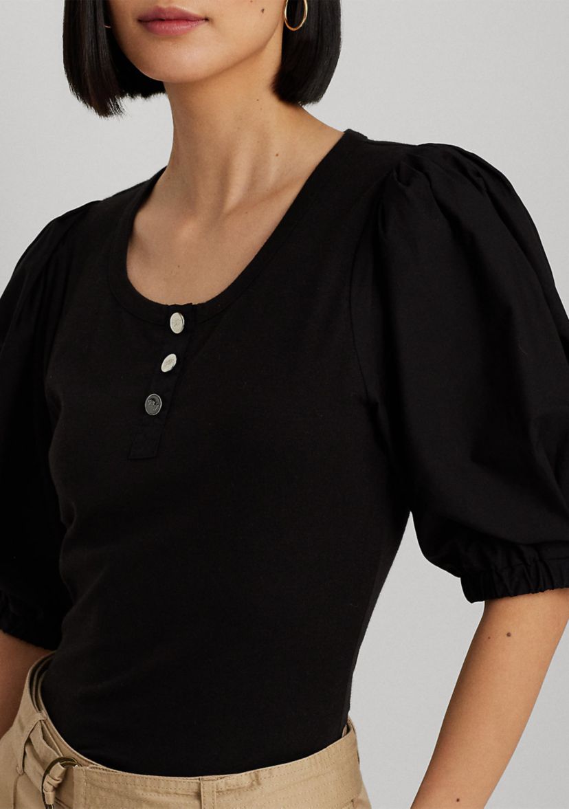 Stretch Cotton Puff Sleeve Henley T-Shirt