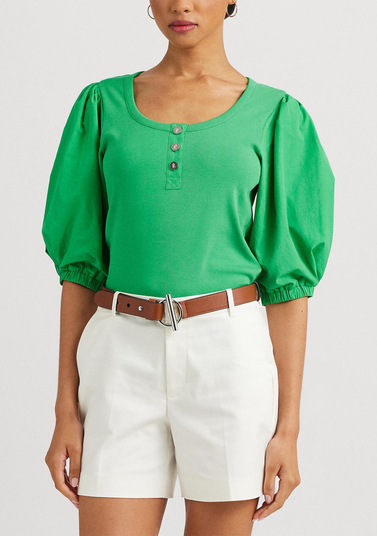 Stretch Cotton Puff Sleeve Henley T-Shirt