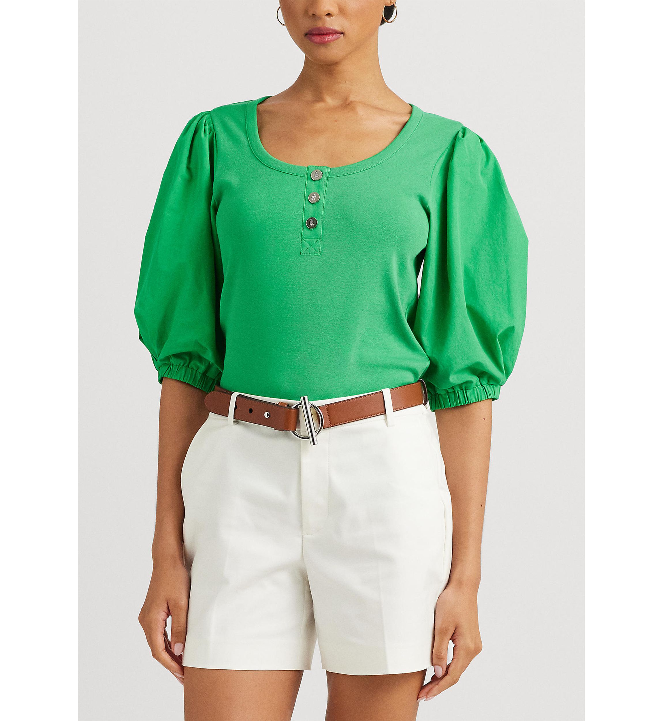 Stretch Cotton Puff Sleeve Henley T-Shirt