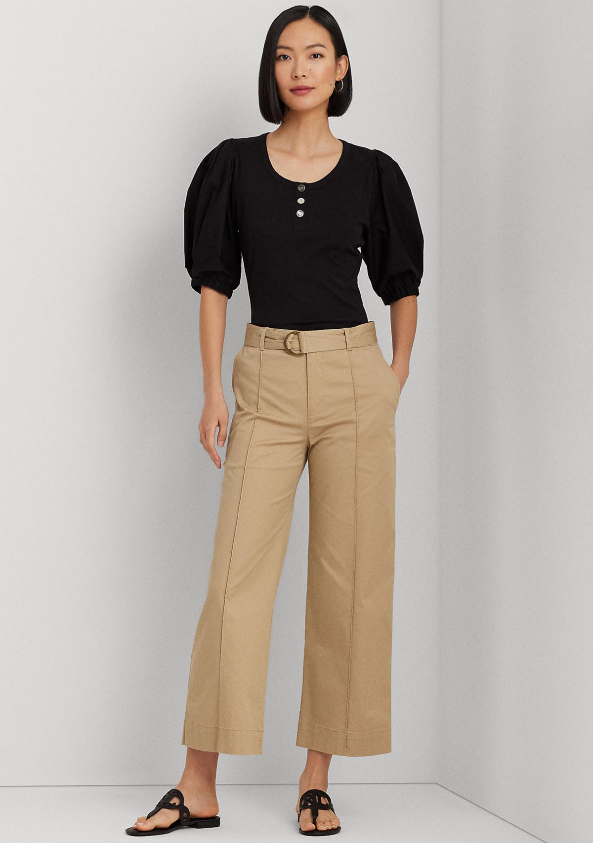 Stretch Cotton Puff Sleeve Henley T-Shirt