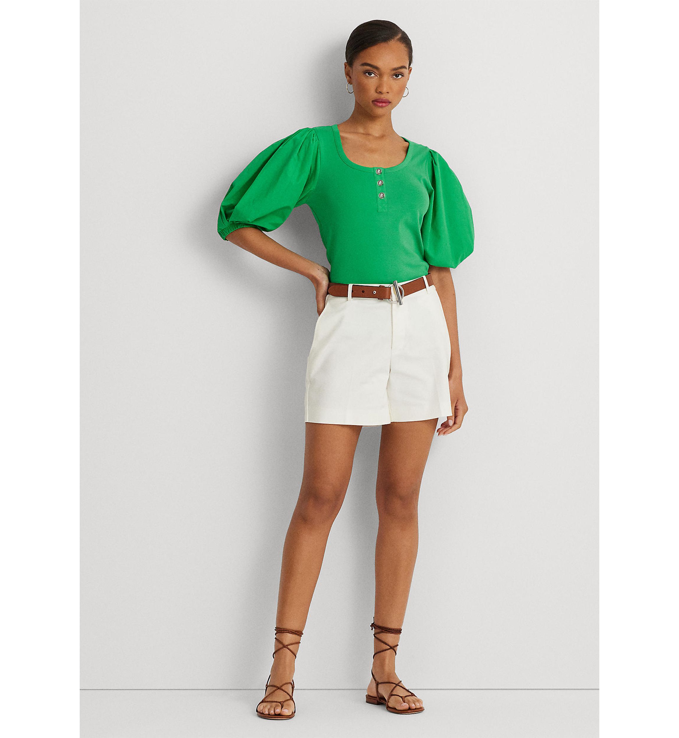 Stretch Cotton Puff Sleeve Henley T-Shirt
