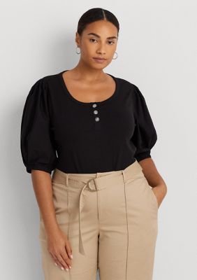 Lauren by Ralph Lauren Plus Size Satin Long Sleeve Buttoned Top in