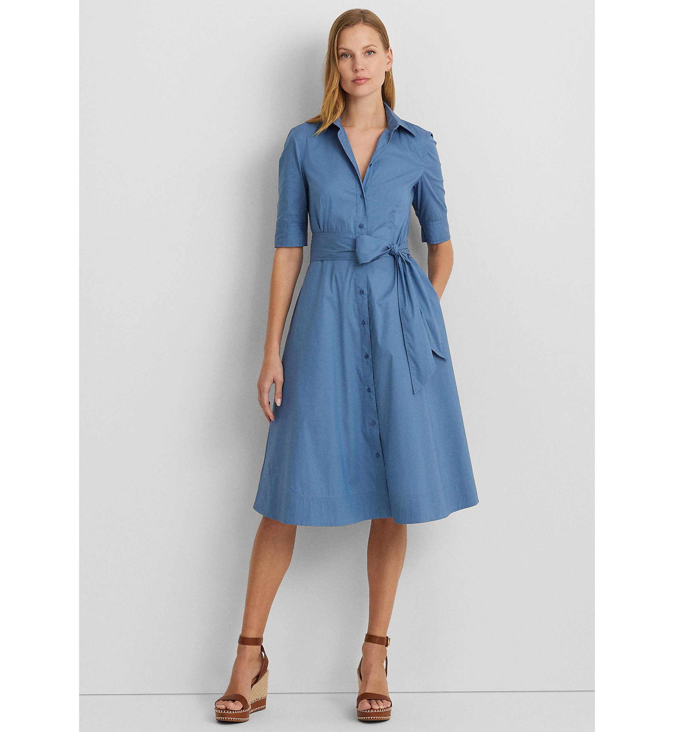 Belted Cotton Blend Shirtdress