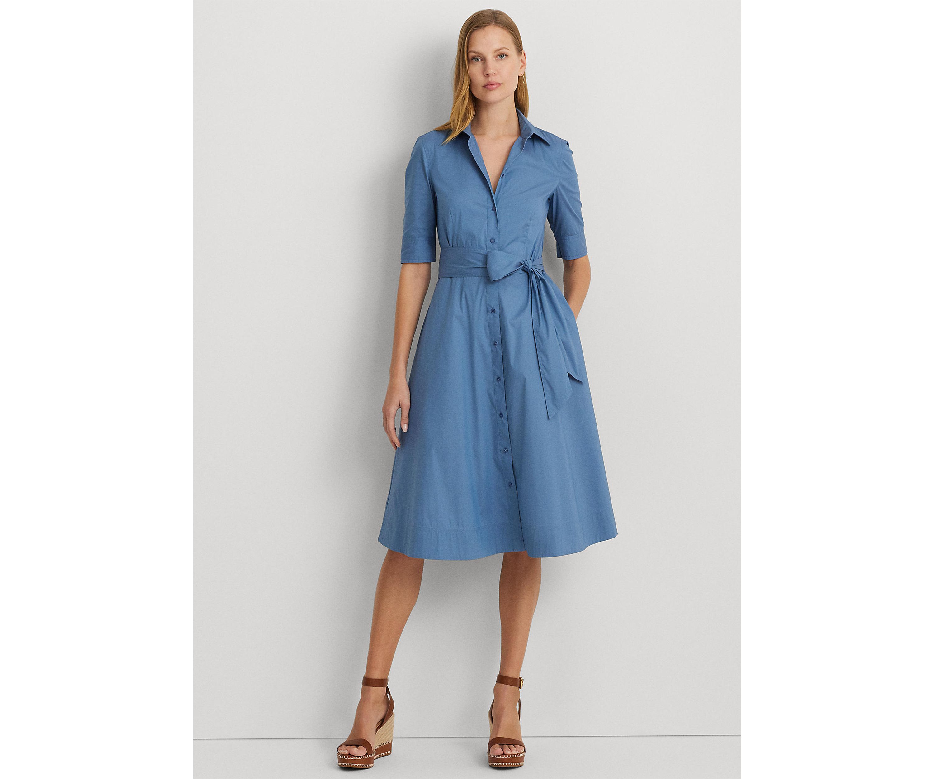 Belted Cotton Blend Shirtdress