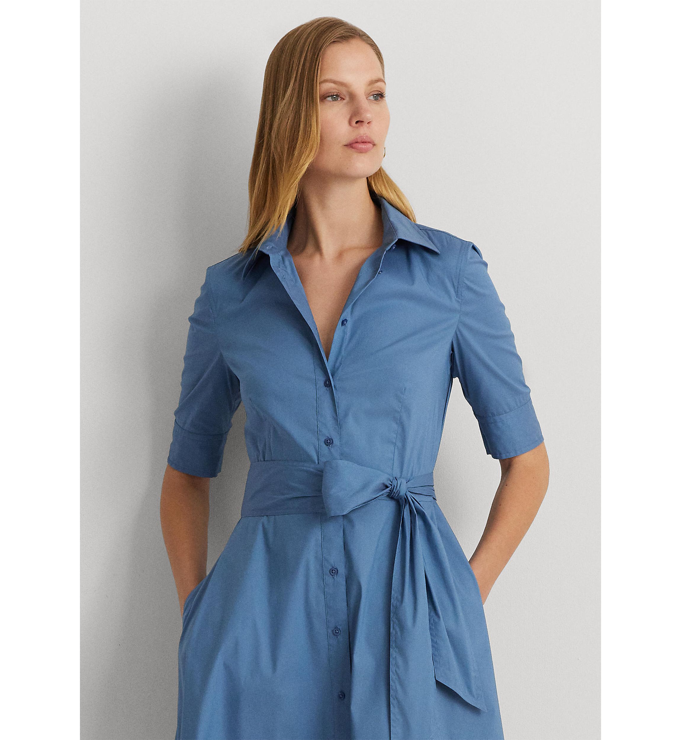 Belted Cotton Blend Shirtdress
