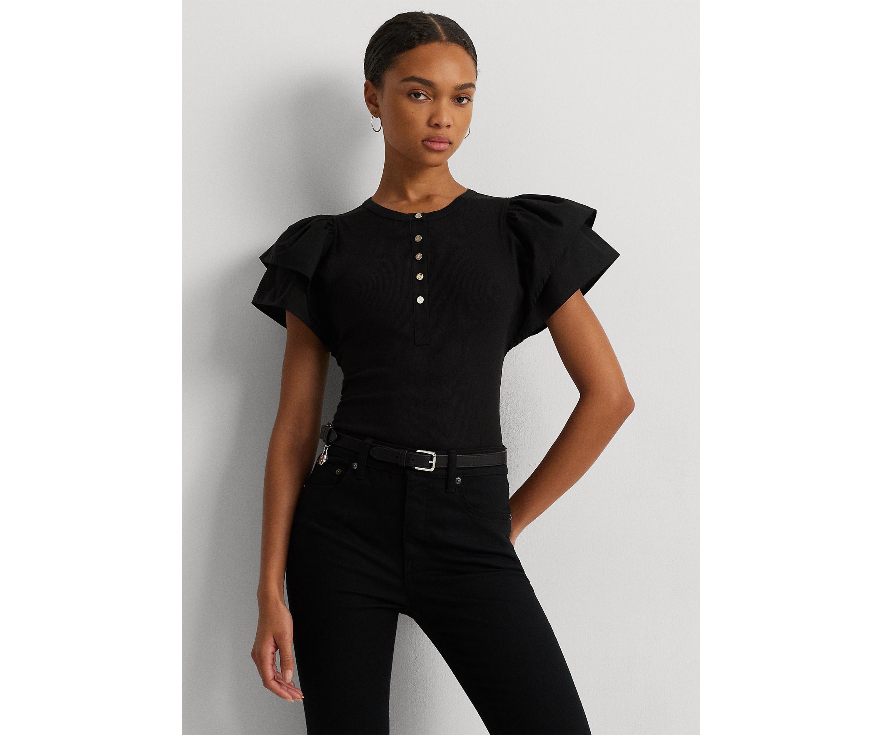 Stretch Cotton Flutter Sleeve Henley Top