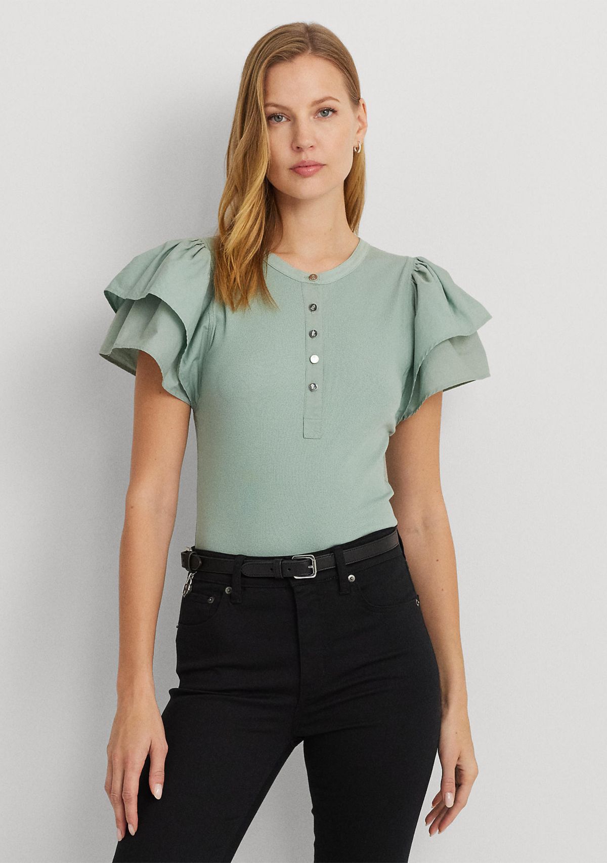 Stretch Cotton Flutter Sleeve Henley Top