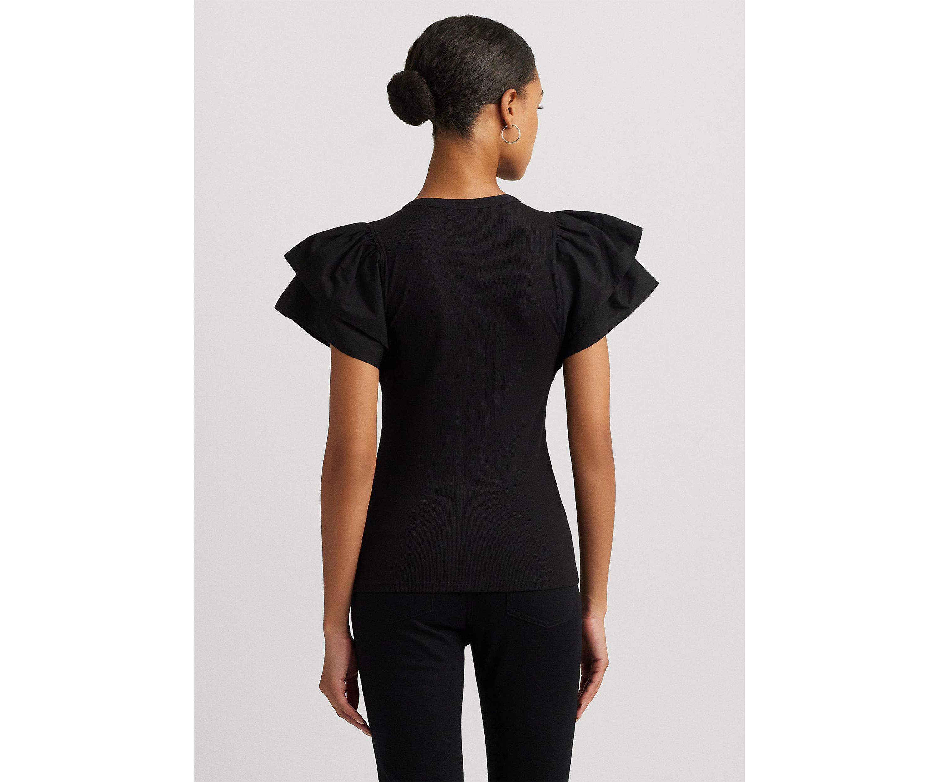 Stretch Cotton Flutter Sleeve Henley Top