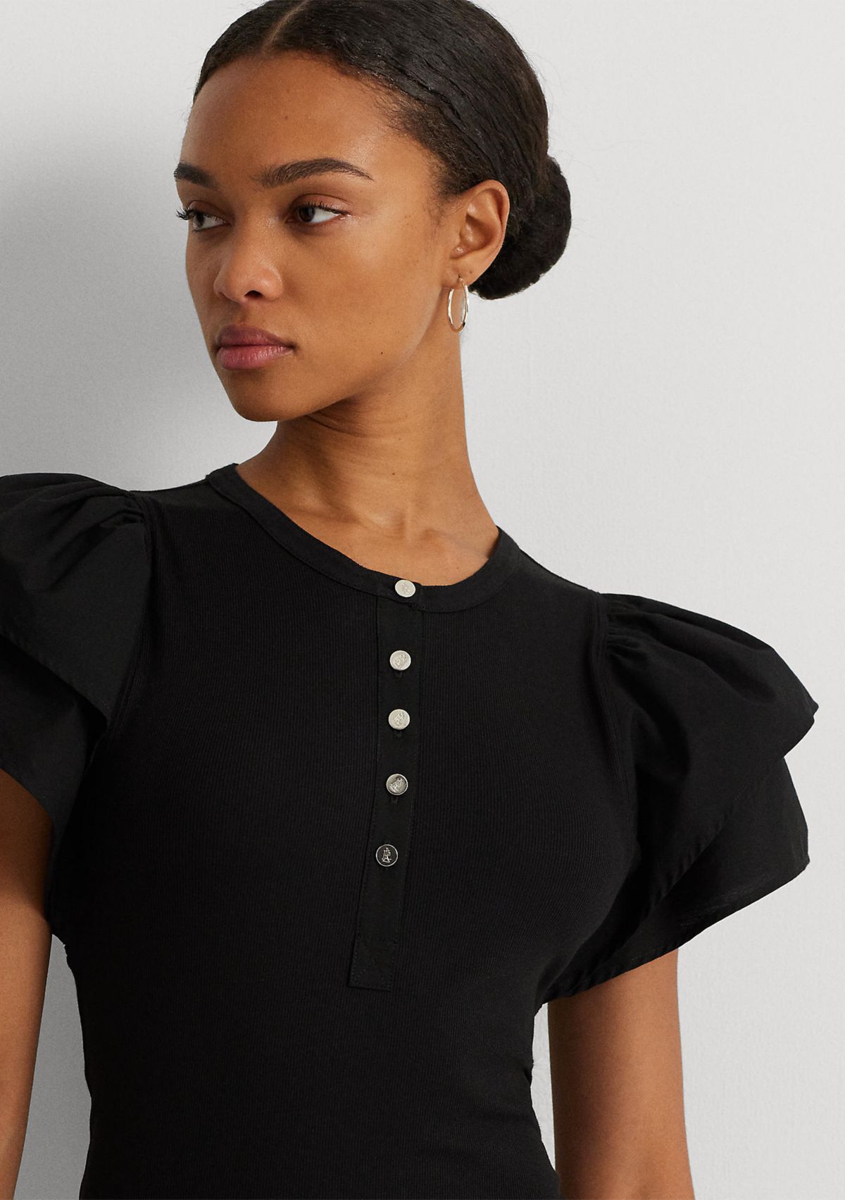 Stretch Cotton Flutter Sleeve Henley Top