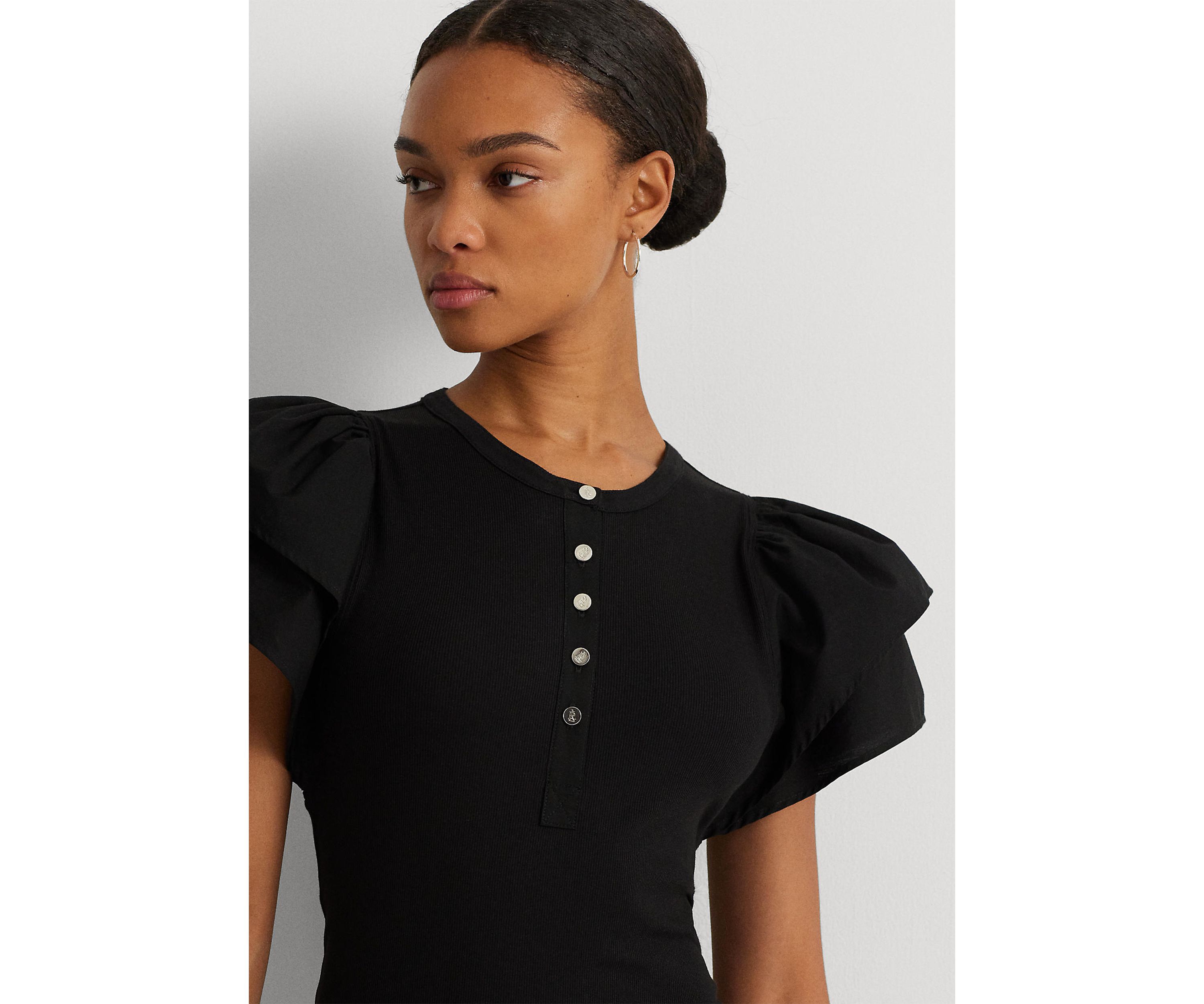 Stretch Cotton Flutter Sleeve Henley Top