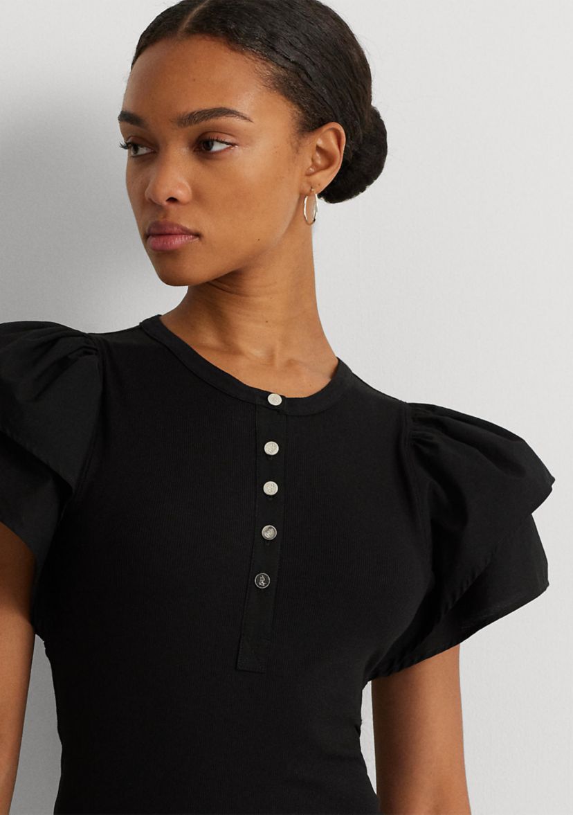 Stretch Cotton Flutter Sleeve Henley Top