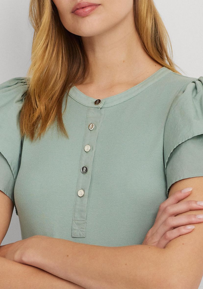 Stretch Cotton Flutter Sleeve Henley Top