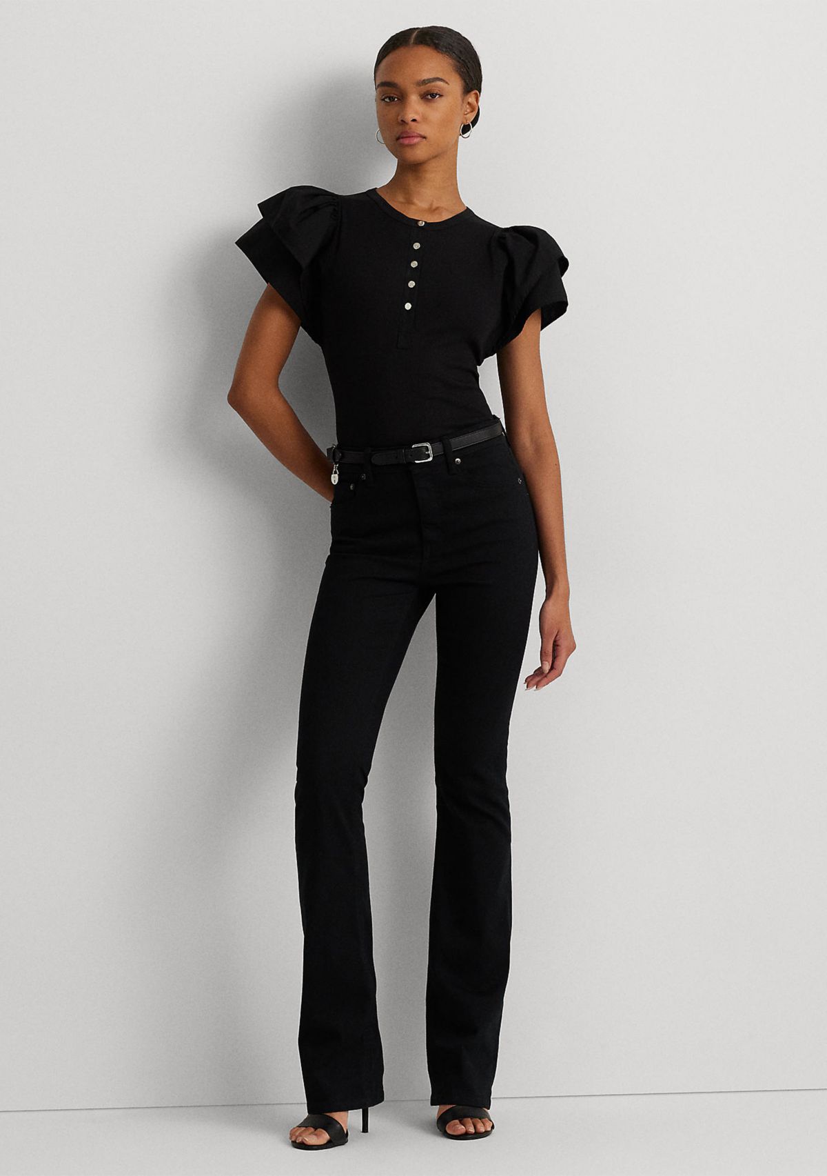 Stretch Cotton Flutter Sleeve Henley Top