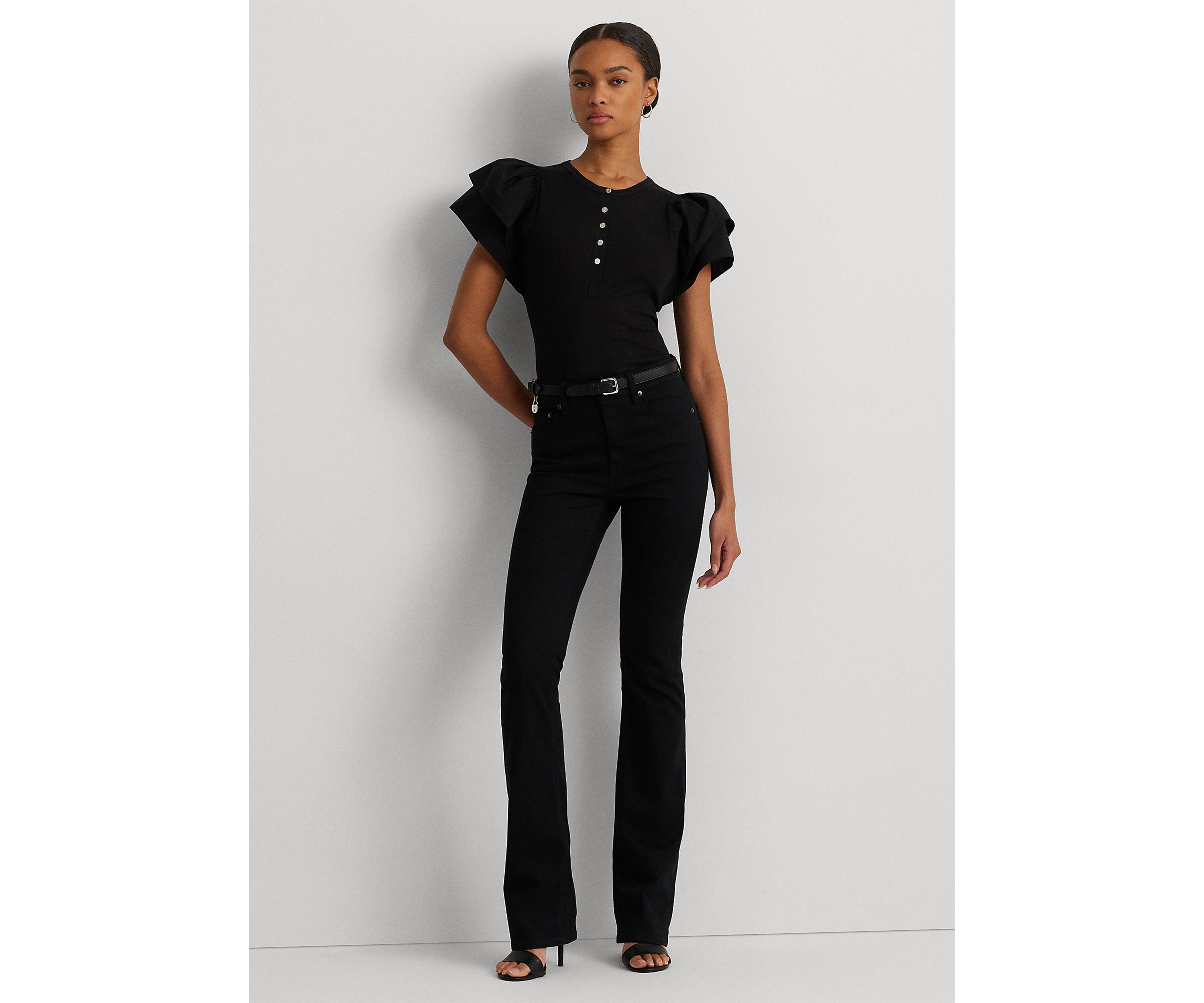 Stretch Cotton Flutter Sleeve Henley Top