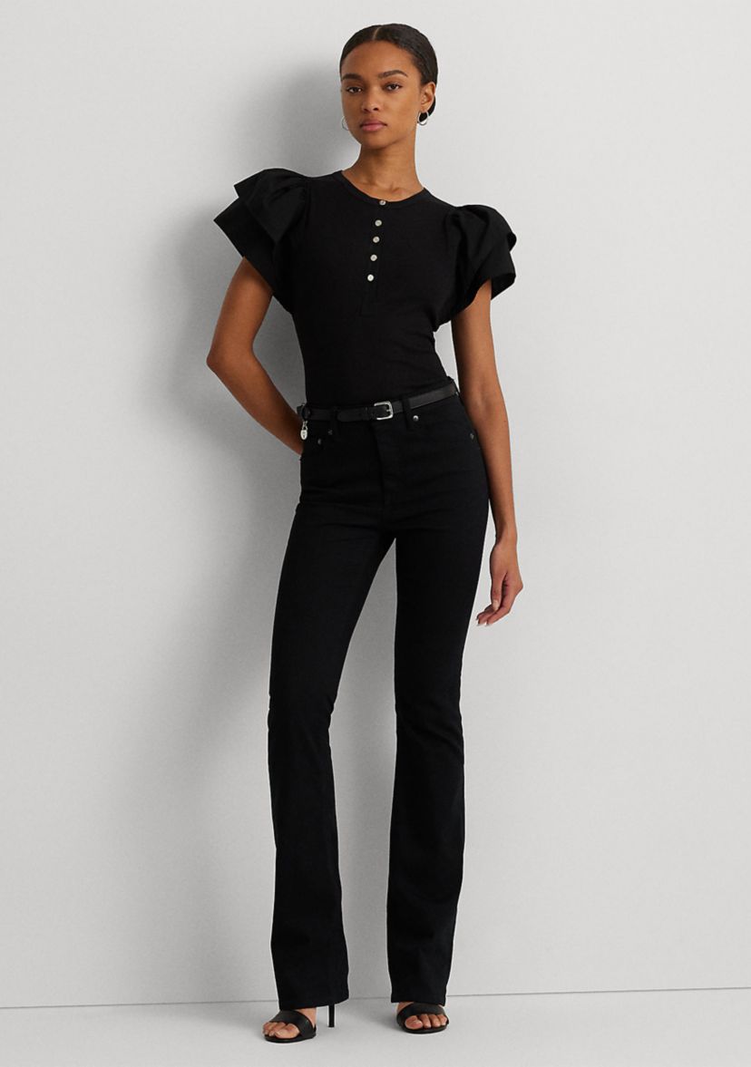 Stretch Cotton Flutter Sleeve Henley Top