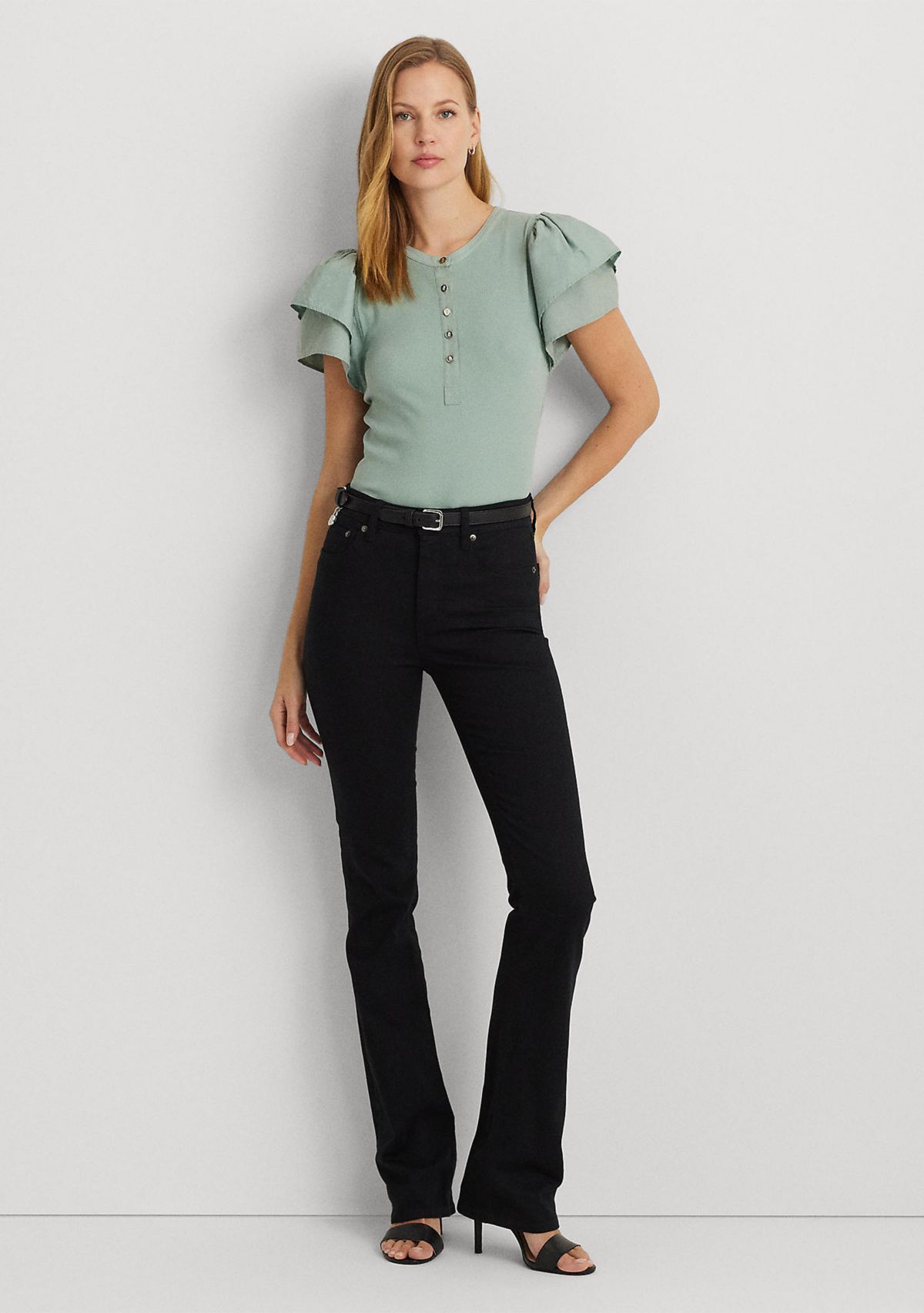 Stretch Cotton Flutter Sleeve Henley Top
