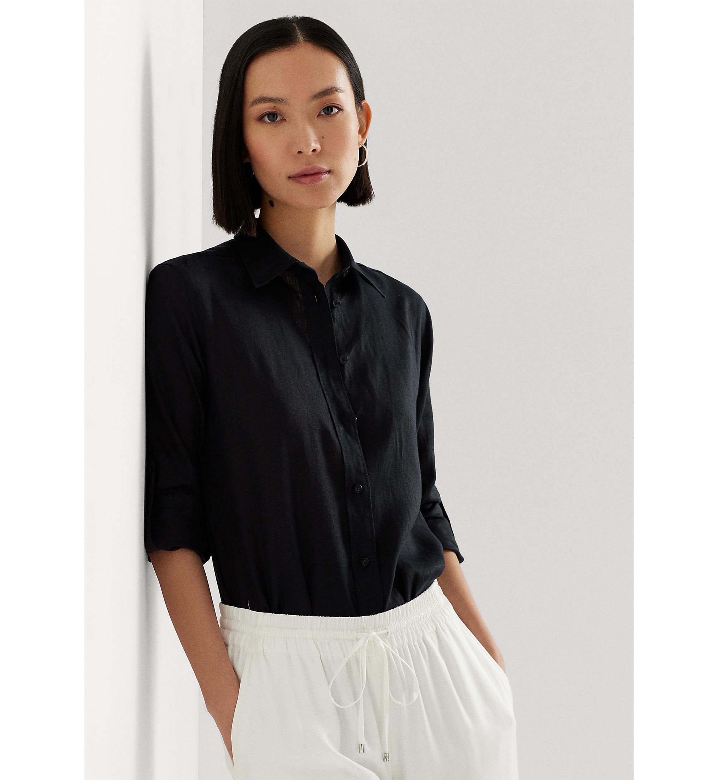 Petite Linen Roll Tab Sleeve Shirt