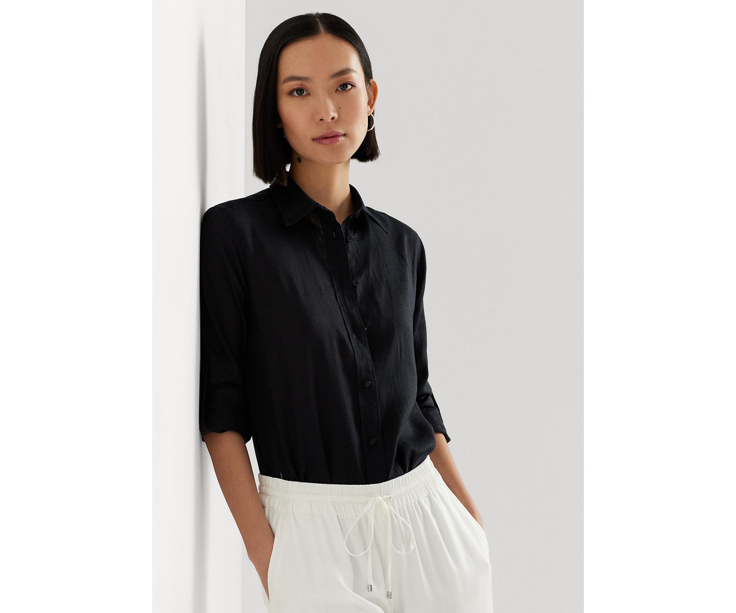 Petite Linen Roll Tab Sleeve Shirt