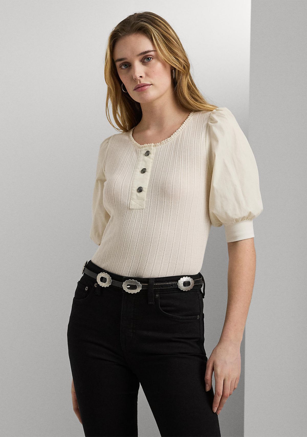 Pointelle Puff Sleeve Henley T-Shirt