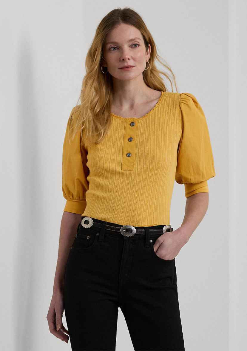 Pointelle Puff Sleeve Henley T-Shirt