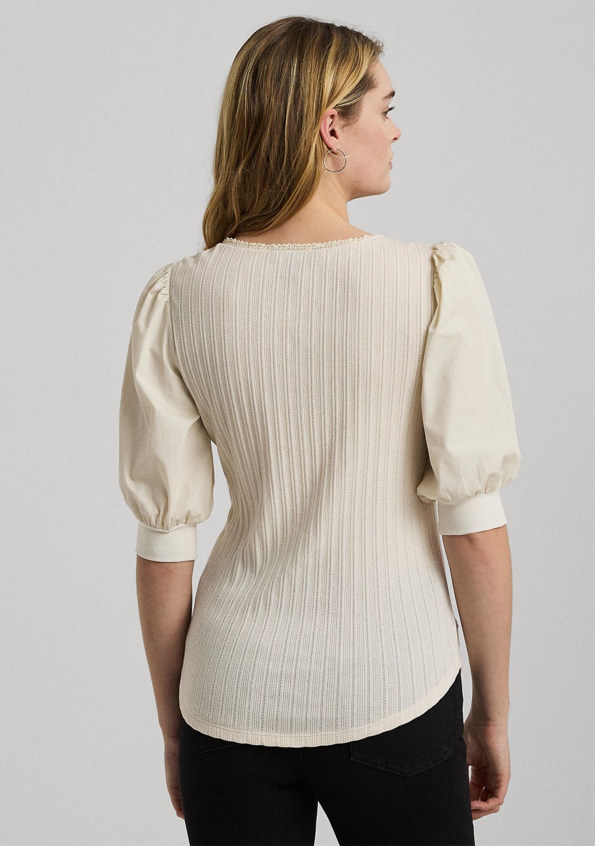 Pointelle Puff Sleeve Henley T-Shirt