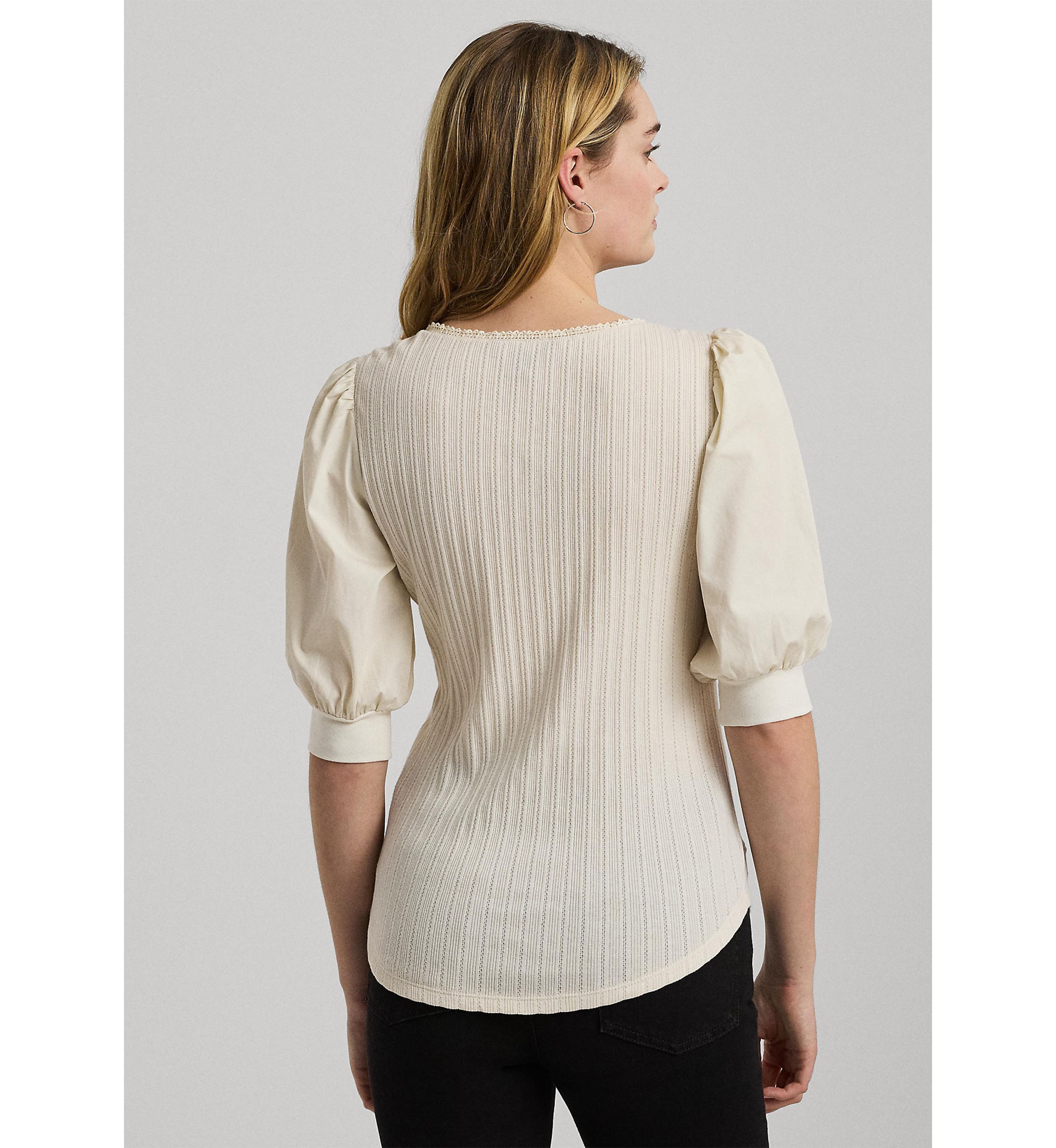 Pointelle Puff Sleeve Henley T-Shirt